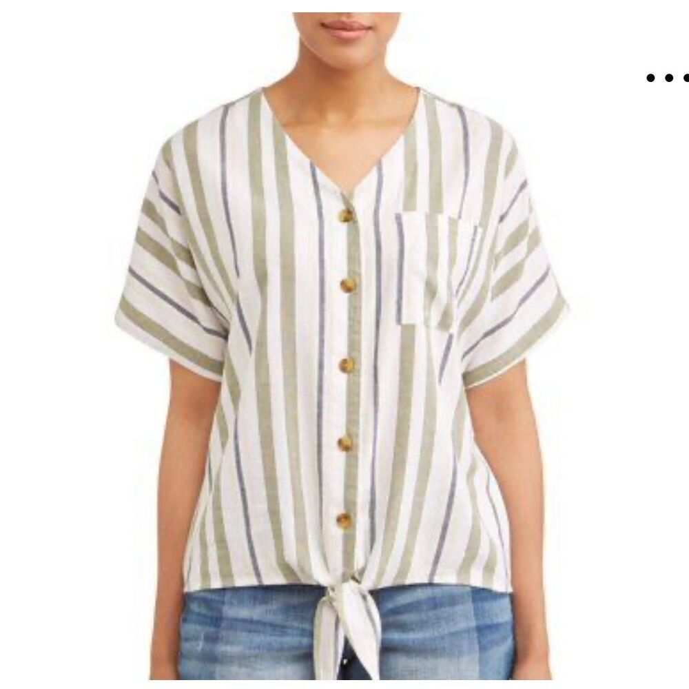 Linen Blend Striped Button and‎ Tie Front White and Green